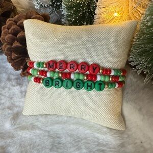Christmas Festive MERRY and BRIGHT Beaded Bracelet Set - Red and Green